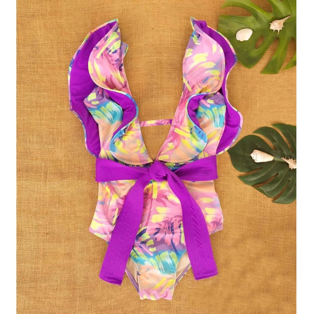 Sexy Ladies' Deep V-neck Strappy Ruffle Swimsuit With Print Floral One Piece