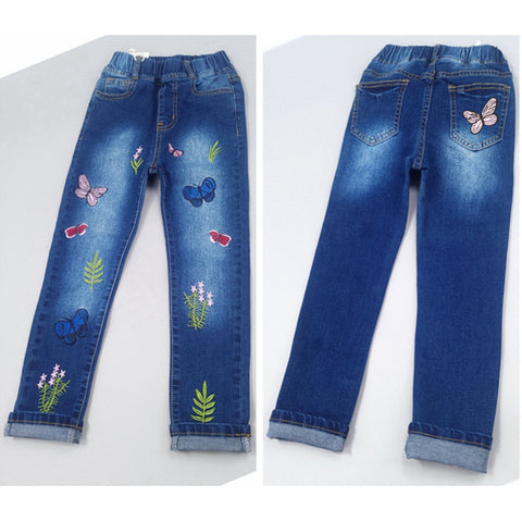 Flores suaves e bordados Stretchy Jeans Denim Pants For Kids Girls