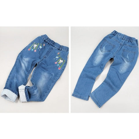 מכנסי ג'ינס פרחי רקמה נמתחים ורכים לילדים