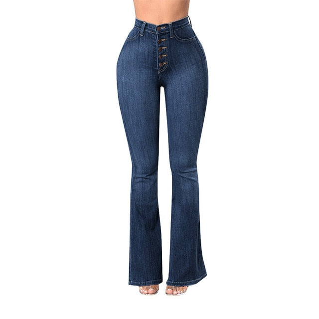 Elastic Plus Loose Denim Pocket Button High Waist Jeans - Sheseelady
