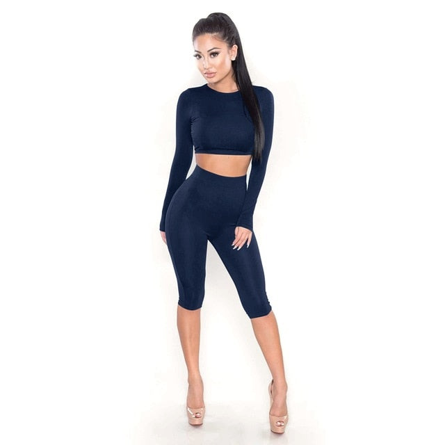 2 Piece Set Women Sexy Long Sleeve Top+Biker Shorts Track Suit Bodycon Tracksuit Casual Two Pieces Outfits Sweatsuit - Sheseelady