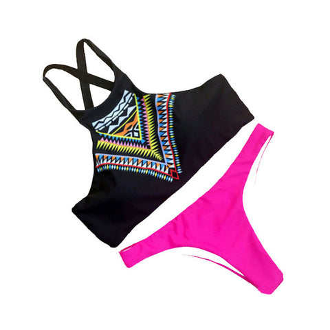 Conjunto de biquíni feminino acolchoado push-up feminino maiô Swim Beach Wear estampado bandagem novo biquíni alto pescoço monokini