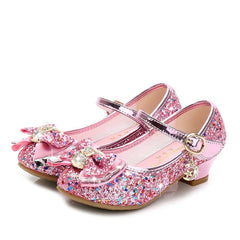 Spring Fashionable Girls' Shinny Thick Heeled Princess Shoes With Bow