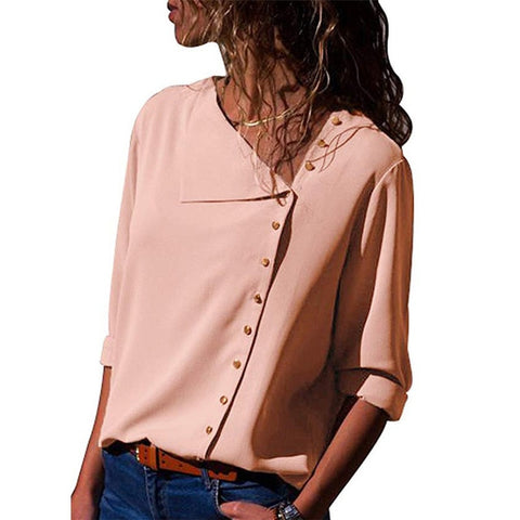 Chiffon Long Sleeve Skew Collar Solid Office Women Blouses And Tops - Sheseelady