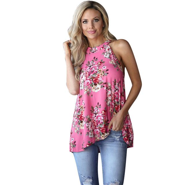 Elegant Sleeveless Chiffon Tops Vintage Floral Printed Blouses - Sheseelady