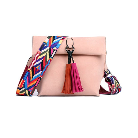 Female Stylish Tassel Trim Scrub PU Crossbody Bags With Colorful Strap