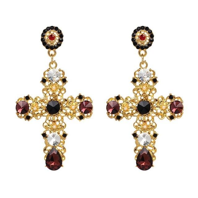 Vintage Boho Crystal Cross Drop Earrings For Women Baroque Bohemian Large Long Jewelry