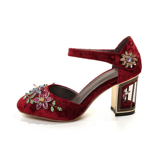 Crystal Flower Mary Janes Women Pumps Shoes Strange High Heels 10Cm Hook & Loop Handmade Rhinestone Wedding Shoes - Sheseelady
