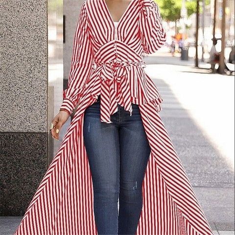 Casual Fashionable Office Women's V-neck Long Sleeve Shirts With Hem