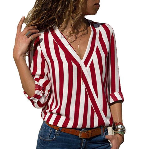 Casual Striped Ladies' Long Sleeve V-neck Chiffon Tops For Office