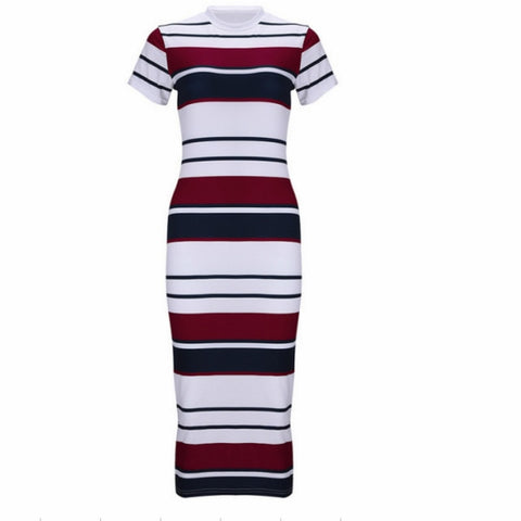 Short Sleeve Stripe Bodycon Stretch Basic Dress