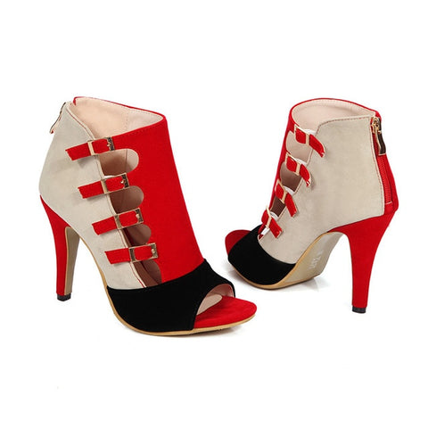 女性靴ハイヒール高ヒールグラディエーター靴 + サイズ夏のパーティ Pumps Red Buckle High Heel Shoes Zip Chaussure Femme