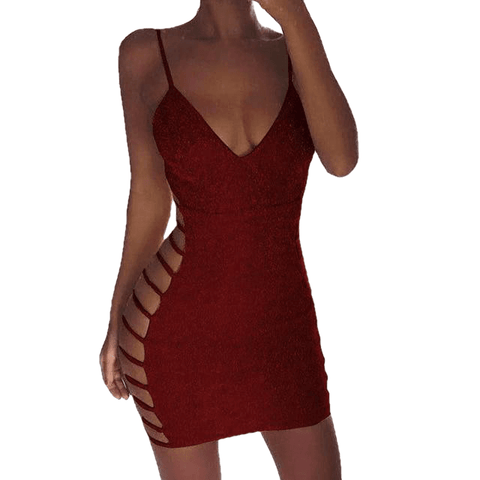 Sexy Sleeveless V-neck Spaghetti Strap Stretchy Dress With Open Waist