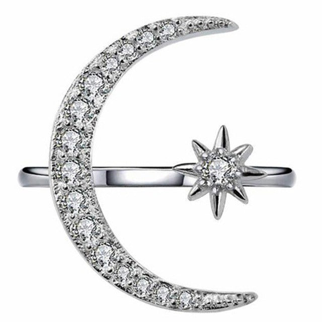 New Fashion Ring Moon & Star Dazzling Open Finger Ring For Women Girls Jewelry Pure Wedding Engagement Bijoux Cadeaux