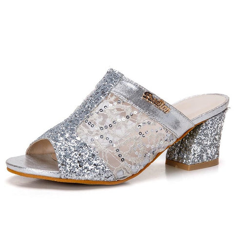 Fashionable Casual Ladies' Bling Square Heel Sandals