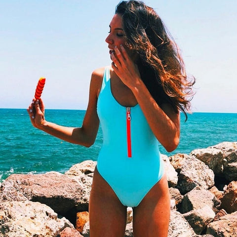 Sexy Women's Zipper Push Up Beachwear One Piece
