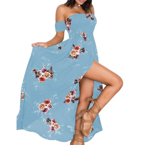 Bohemian Style Floral Print Off Shoulder Ankle-length Party Dress For Women
