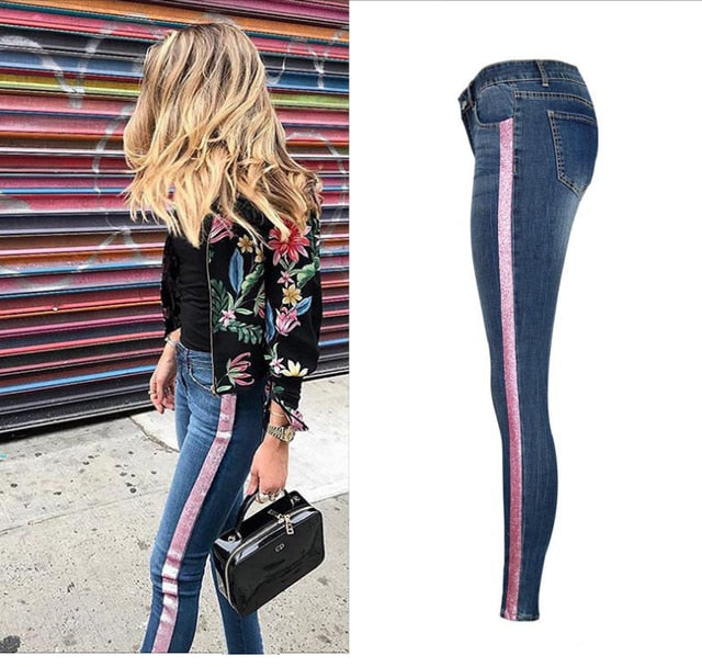 Low Waist Fashion Side Stripe Skinny Jeans - Sheseelady