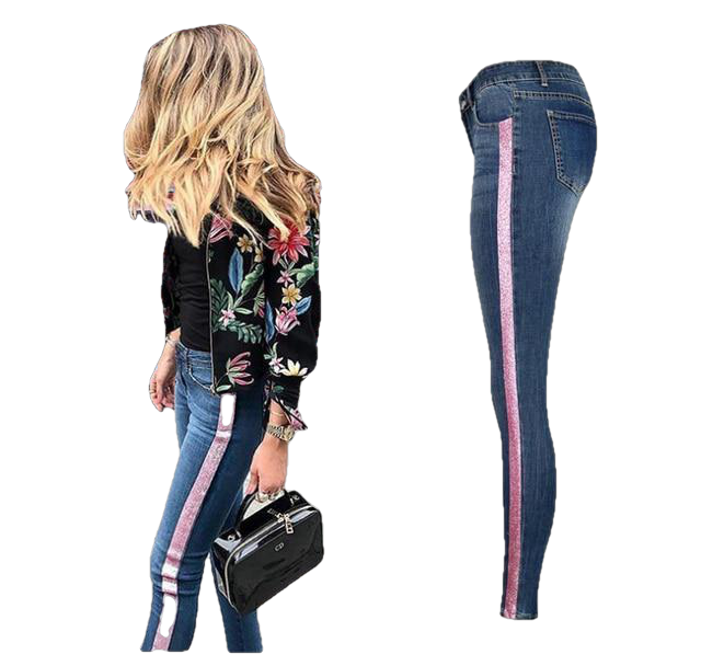 Low Waist Fashion Side Stripe Skinny Jeans - Sheseelady
