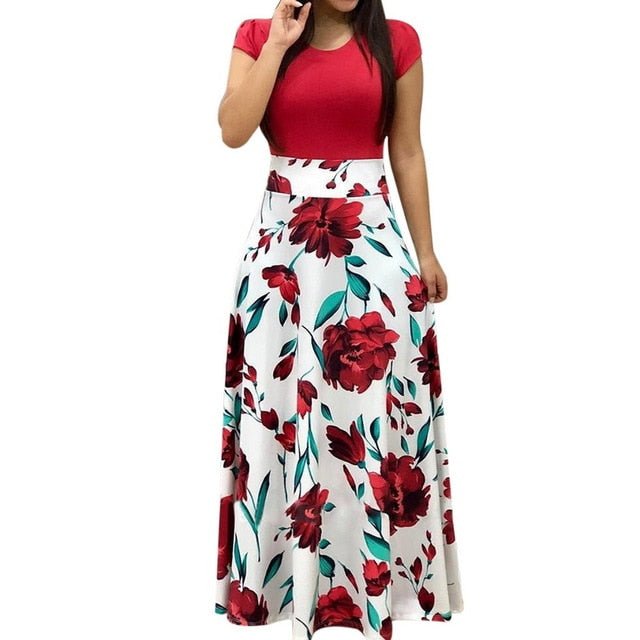 Floral Print Patchwork Casual Short Sleeve Maxi Dress - Sheseelady