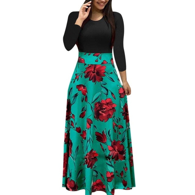 Floral Print Patchwork Casual Short Sleeve Maxi Dress - Sheseelady