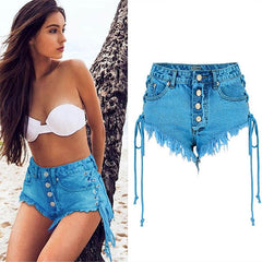 Highwaisted Mini Jeans Shorts Women Both Side Tie Mini Short Sexy Denim Shorts Jeans - Sheseelady