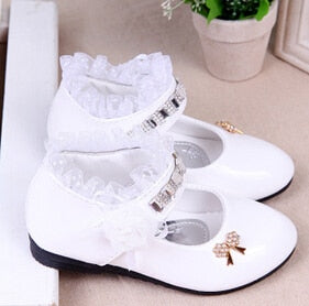Cute Girls' Bow-Knot Trim Lace PU Princess Shoes With Rose Shape Buckle
