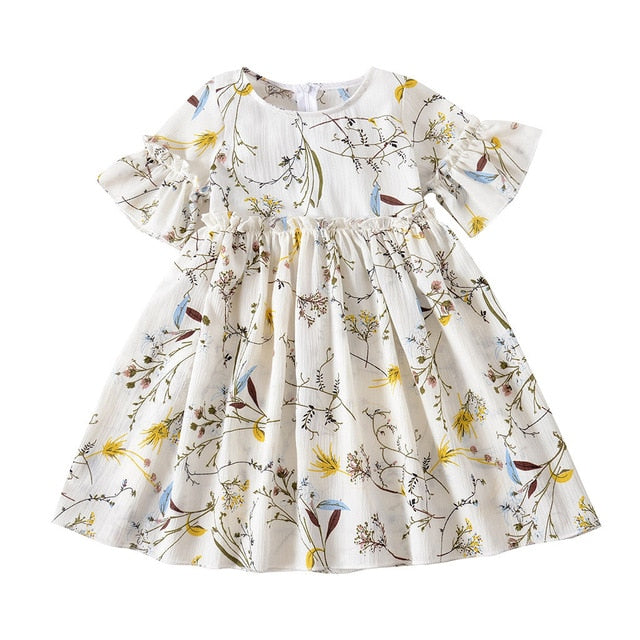 Casual Flare Sleeve Floral Print Girls Kids Dresses - Sheseelady