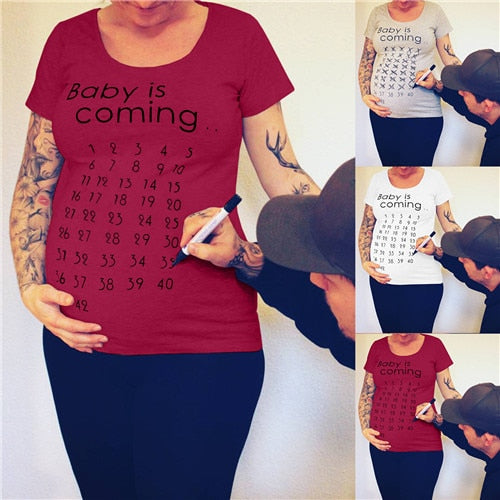 Baby Is Coming Print Women Maternity Clothing Pregnant Short T Shirt Funny Top For Photography Photo Shoot Plus Size - Sheseelady