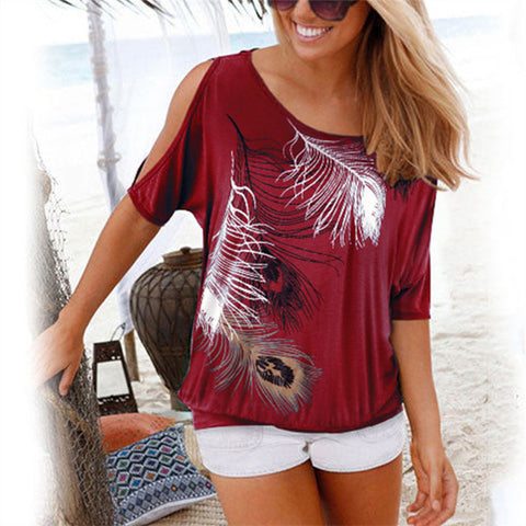 Female Casual Streetwear O-Neck Off-the-shoulder Blouse With Feather Print