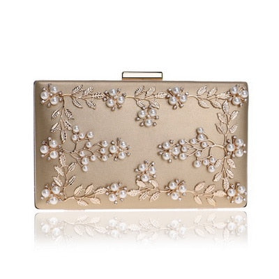 Chic Flash Hard PU Evening Clutches With Metal Leaf Beaded/Pure Color For Ladies