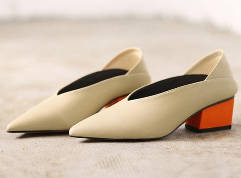 Vintage Genuíno Couro Volumoso Mix Cor Mid-Heeled Hot Women Sapatos Dedo do Dedo do Dedo Dom Sexy V Design Retro Sapatos Femininos