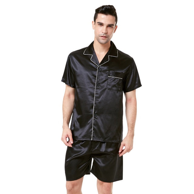 Shorts masculinos de seda pijama conjunto camisola macia