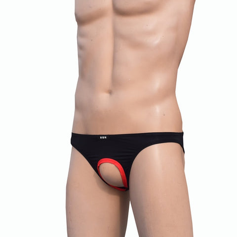 Solid Color Sexy Men's Low Waist Underwear With Penis Hole Open Pouch