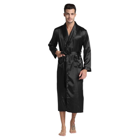 Roupão de banho de seda de cetim masculino - pijama longo de seda sólida