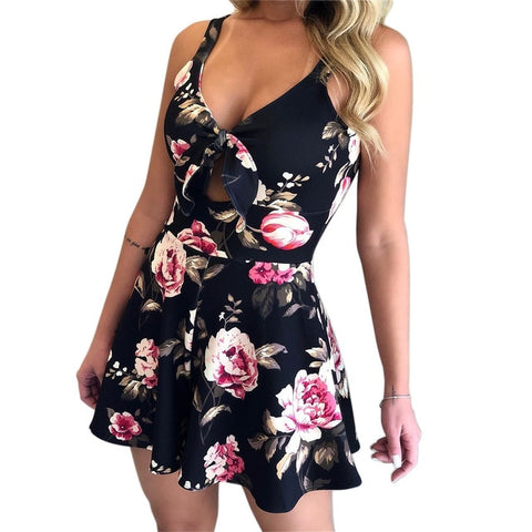 Women Beach Rompers Female Summer Lace Up Print Floral Casual Short Jumpsuit Sleeveless Bodycon Sexy Party Playsuit