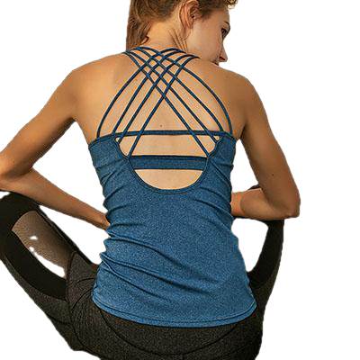 Dry Fit Crisscross Back Strappy Yoga Tops Blue Wourkout Clothes Activewear Built In Bra Gym Tank Tops For Women Running Shirts - Sheseelady