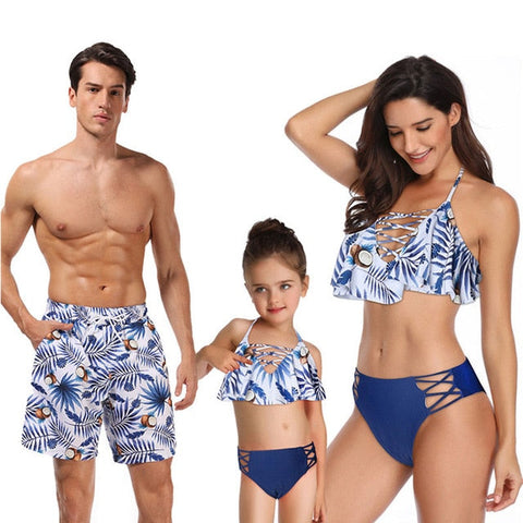 Maillots De Bain Mère Fille Taille Haute Bikini Et Père Fils Correspondant Vêtements Robes