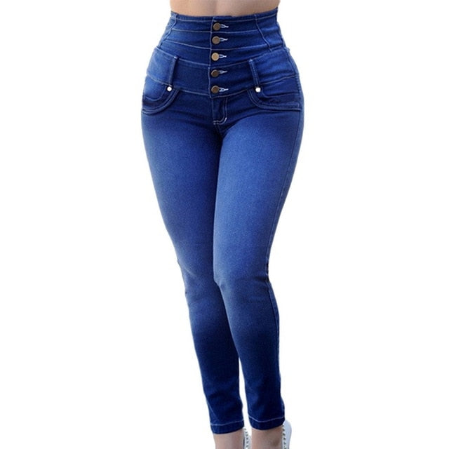 Slim Solid Stretch High Waist Casual Breasted Jeans