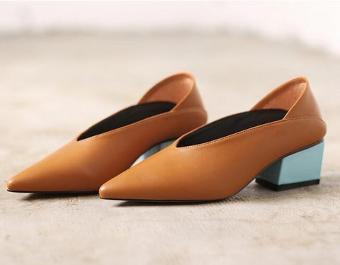 Vintage Genuine Leather Chunky Mix Color Mid-Heeled Hot Women Shoes Pointed Toe Dress Sexy V Design Retro Female Shoes