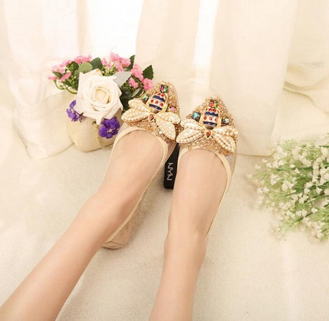 Sapatos baixos elegantes e confortáveis ​​de grife para mulheres de cristal feminino strass sapatos de abelha