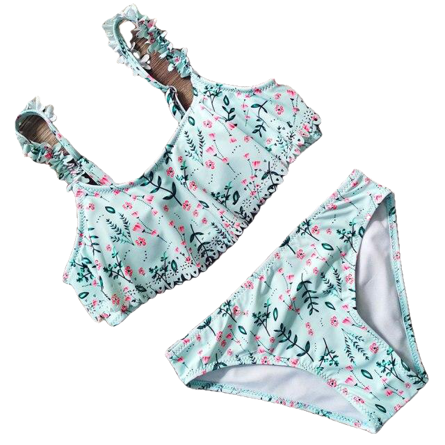 Teenage Girls Floral Print Swimsuit With Pad Two Piece Light Green