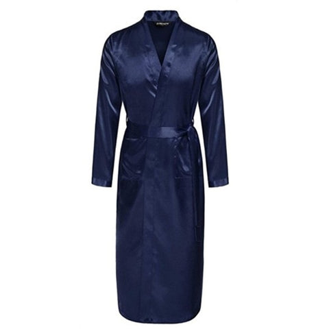 Navy Blue Chinese Men Silk Rayon Robe Casual Sleepwear