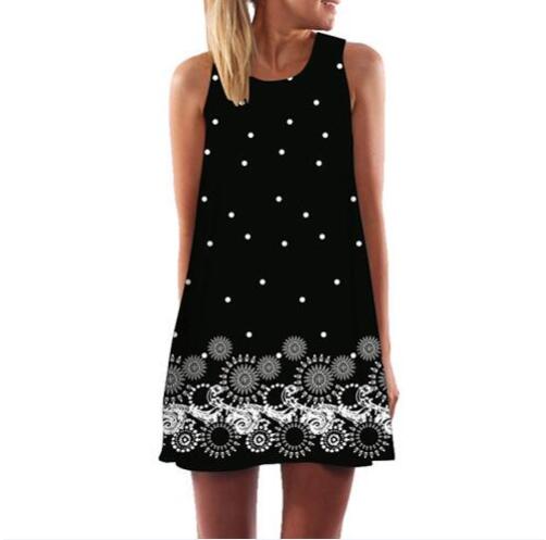 Casual Cute Print Sleeveless Crewneck Chiffon Sundress For Ladies