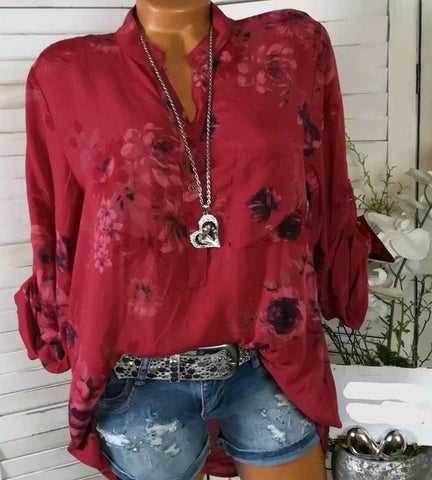 Stylish Casual Ladies' Long Sleeve V-neck Chiffon Blouse With Floral Print
