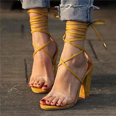女性ポンプ好きかかとサンダル好きは、透明な靴夏の足首ストラップ・ハイヒールの上で、女性の厚手の裸の靴のひもを結びます